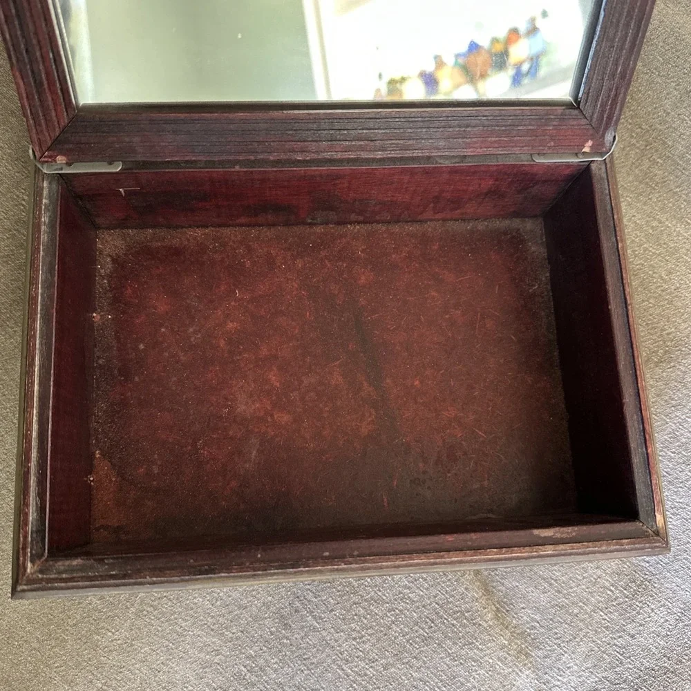 Vintage 1940s Wooden Trinket Jewelry Stationary Box W Mirror Floral Design